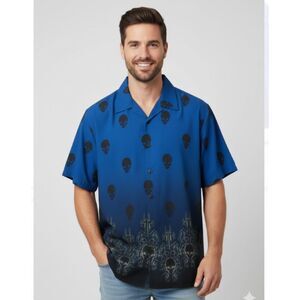 ODO Shirt Vintage Hawaiian Black Blue Skull Button Front EUC Mens Size L